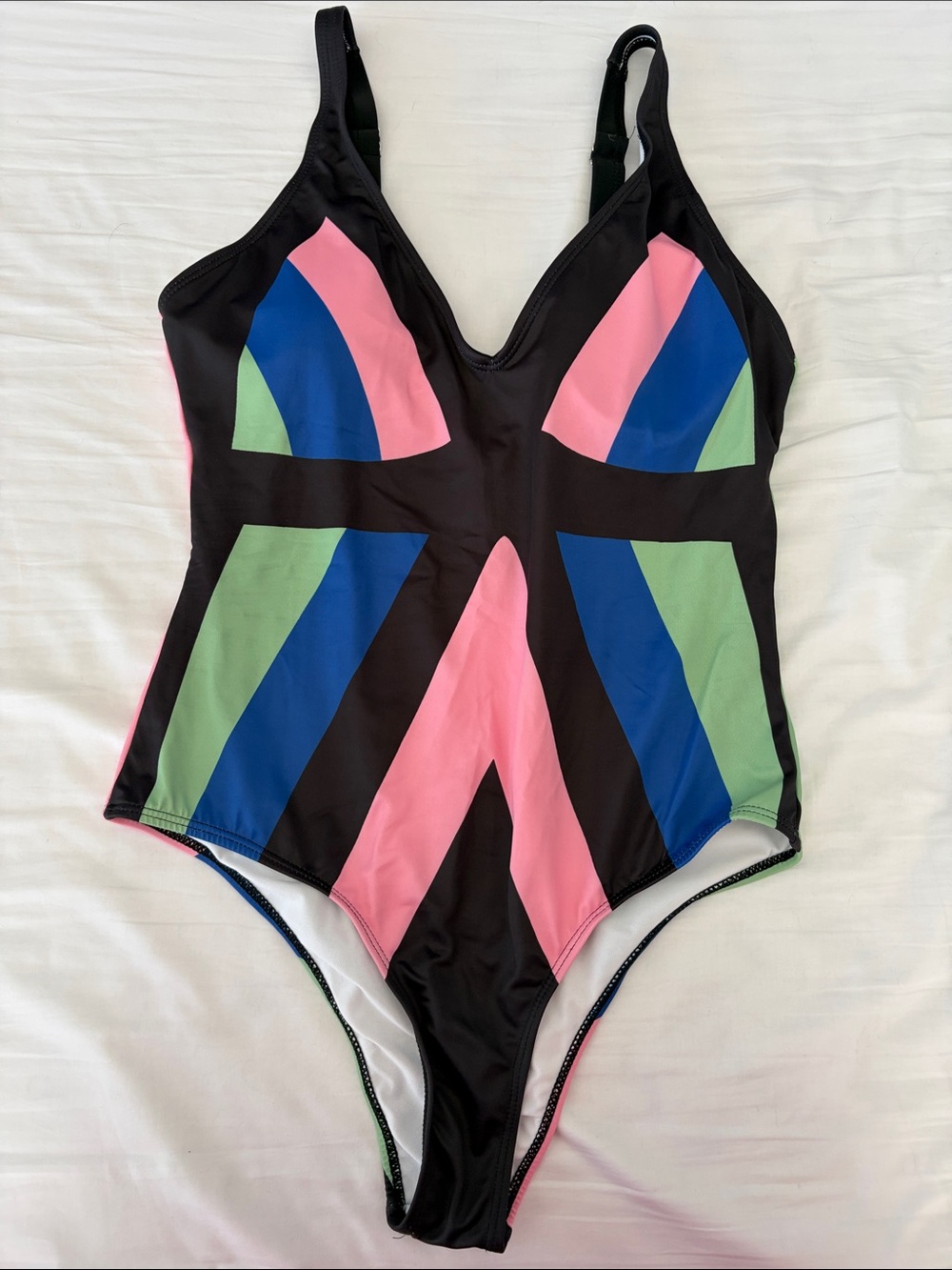 Women’s Black One-Piece Swimsuit with Pink, Blue & Green V Stripe, XL